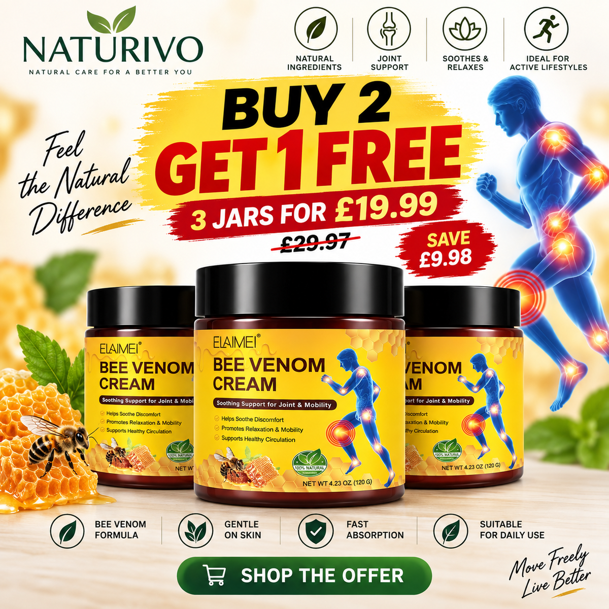 Bee Venom Joint & Muscle Massage Cream – 120g | Naturivo